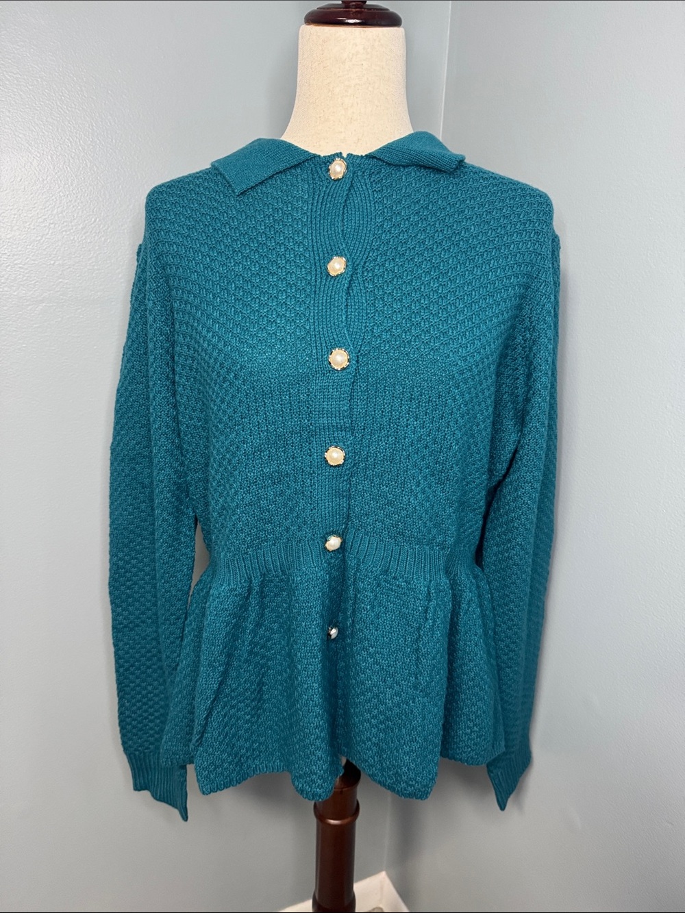 Belle Poque Women’s Blue Knit Button-Front Peplum Sweater Cardigan Sz L